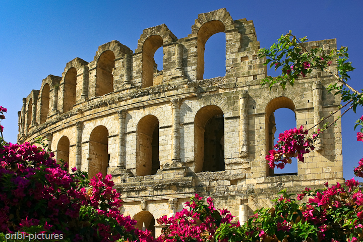*Amphitheater in El Jem* <br><br> Auch Tunesien hat sein Kolosseum. Kein Wunder war Tunesien doch einst die Kornkammer des alten Roms gewesen. Und die Einwohner wollten unterhalten werden. Wie auch in Rom selbst, fanden hier mörderische Kämpfe zwischen Gladiatoren und wilden Tieren statt. <br><br>