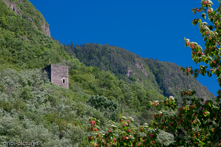 *Kröllturm in Gargazon, Südtirol* <br><br> Der Kröllturm scheint wohl immer vereinzelt dagestanden zu haben und nicht als Rest einer älteren Burg, denn es wurden keine Mauerreste in unmittelbarer Umgebung gefunden. Für ein Burggebäude wäre auch schwerlich Platz vorhanden gewesen. Der Kröllturm diente wohl als Wacht- und Signalturm. Er überwachte die Grenze sowie die einzige Straße, die durch das Etschtal führte. Durch Kreidefeuer, weitum sichtbar, warnte er die Einwohner vor dem Anmarsch der Feinde. Ein Weißbauer hat im September 1905 im Inneren des Turmes gegraben und dabei 7 römische Münzen gefunden. Die Herkunft aus der Römerzeit wird aber bezweifelt. Im Jahre 1984 wurde eine eingestürzte Wand des Turms wieder errichtet. <br><br>