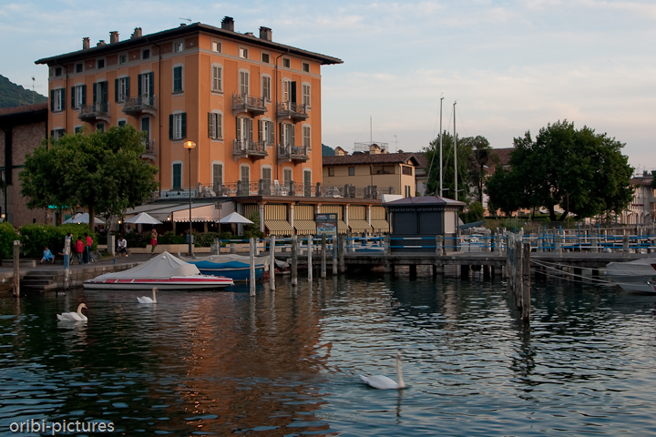 *Hafen von Iseo, Oberitalien* <br><br> Der Iseosee (italienisch Lago d’Iseo oder Sebino) ist der viertgrößte der oberitalienischen Seen. Er liegt in den lombardischen Provinzen Brescia und Bergamo.

Der See befindet sich etwa 20 km nordwestlich von Brescia. Das Seebecken wurde von den Gletschern der Valcamonica ausgehöhlt. Der 65,3 km² große See liegt auf einer Höhe von 181 m s.l.m., ist 25 km lang und maximal 251 m tief. Gespeist wird der See vom Fluss Oglio. Mittelpunkt des Sees bildet die größte Insel in einem italienischen Binnengewässer, Monte Isola („Inselberg“). Zwei kleinere Inseln, Isola di Loreto und Isola di S. Paolo, befinden sich in Privatbesitz der Waffenherstellerdynastie Beretta.

Man kann den See trotz vieler ins Wasser reichender Felswände komplett umfahren. Die Straße ist an vielen Stellen aus dem Felsen gehauen <br><br>