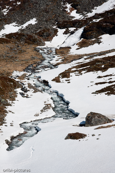 *Schneeschmelze*<br><br>Im Hintergrund ist der Wasserfall noch gefroren.<br><br>